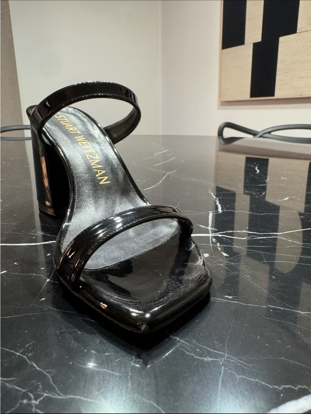 Stuart Weitzman Black Patent Two-Strap Block Heel Sandals - Picture 7 of 10